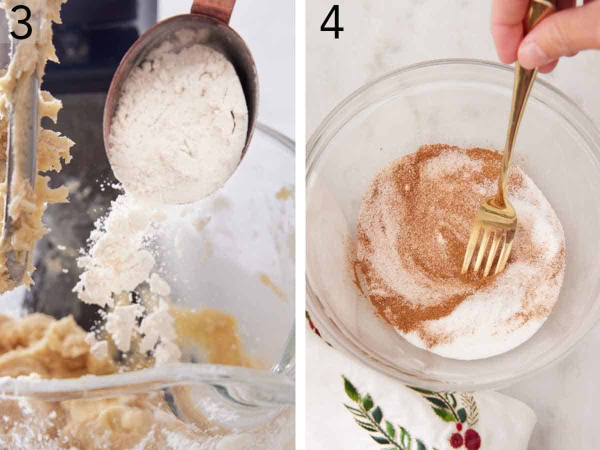 Set of two photos showing flour mixture added to the mixer and cinnamon mixed with a bowl of sugar.