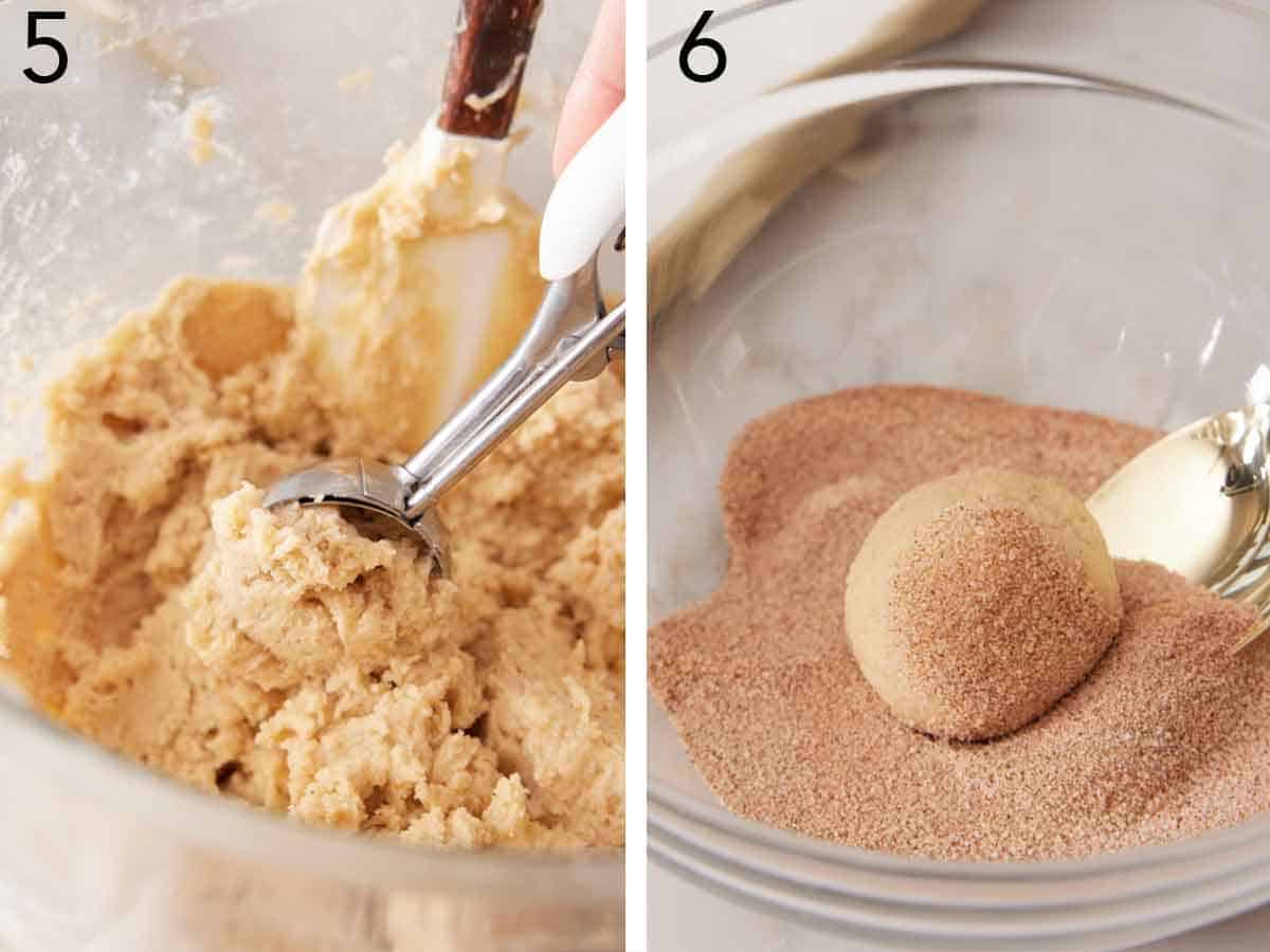 Set of two photos showing dough scooped with a cookie scoop and dough ball rolled in cinnamon sugar.