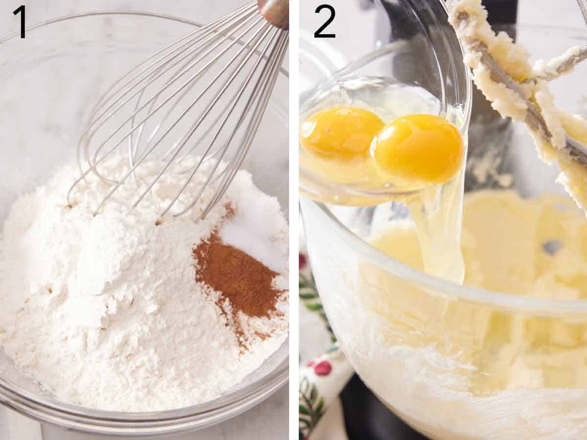 Set of two photos showing dry ingredients whisked together and eggs added to a mixing bowl.