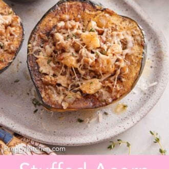 Pinterest graphic of an acorn squash full of ground meat, apples, mushrooms, and cheese on a platter.