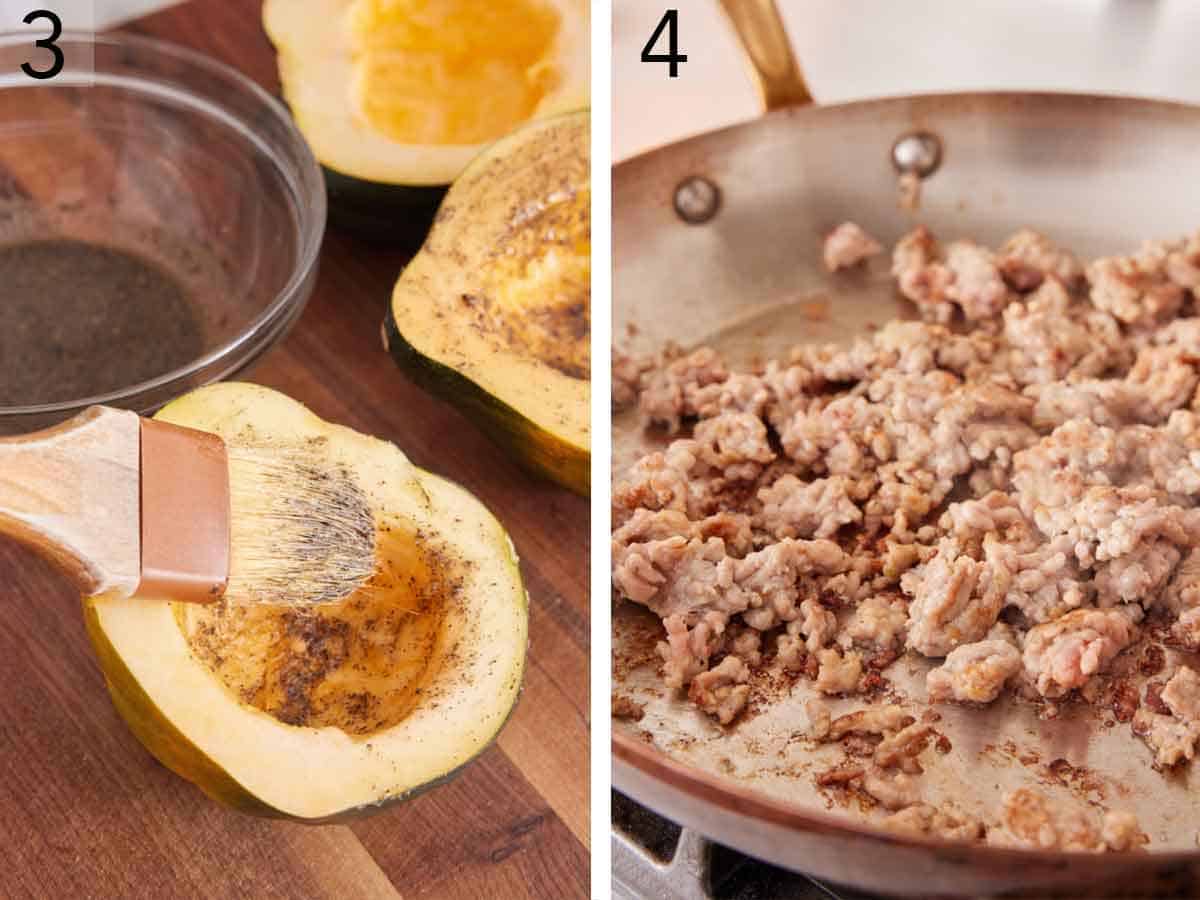 Set of two photos showing oil brushed onto the cut squash and ground meat cooked in a skiillet.