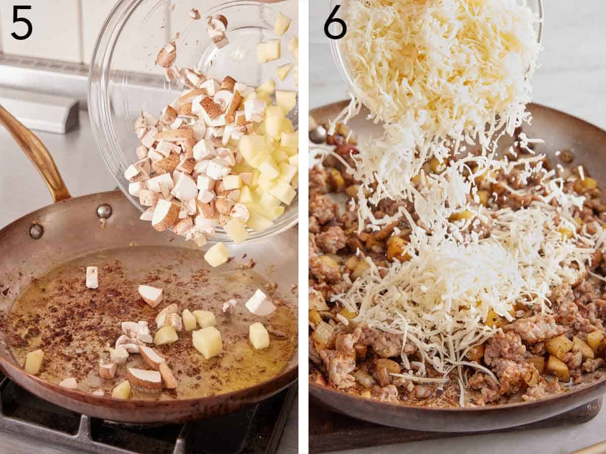 Set of two photos showing diced mushroons, apples, and cheese added to a skillet.