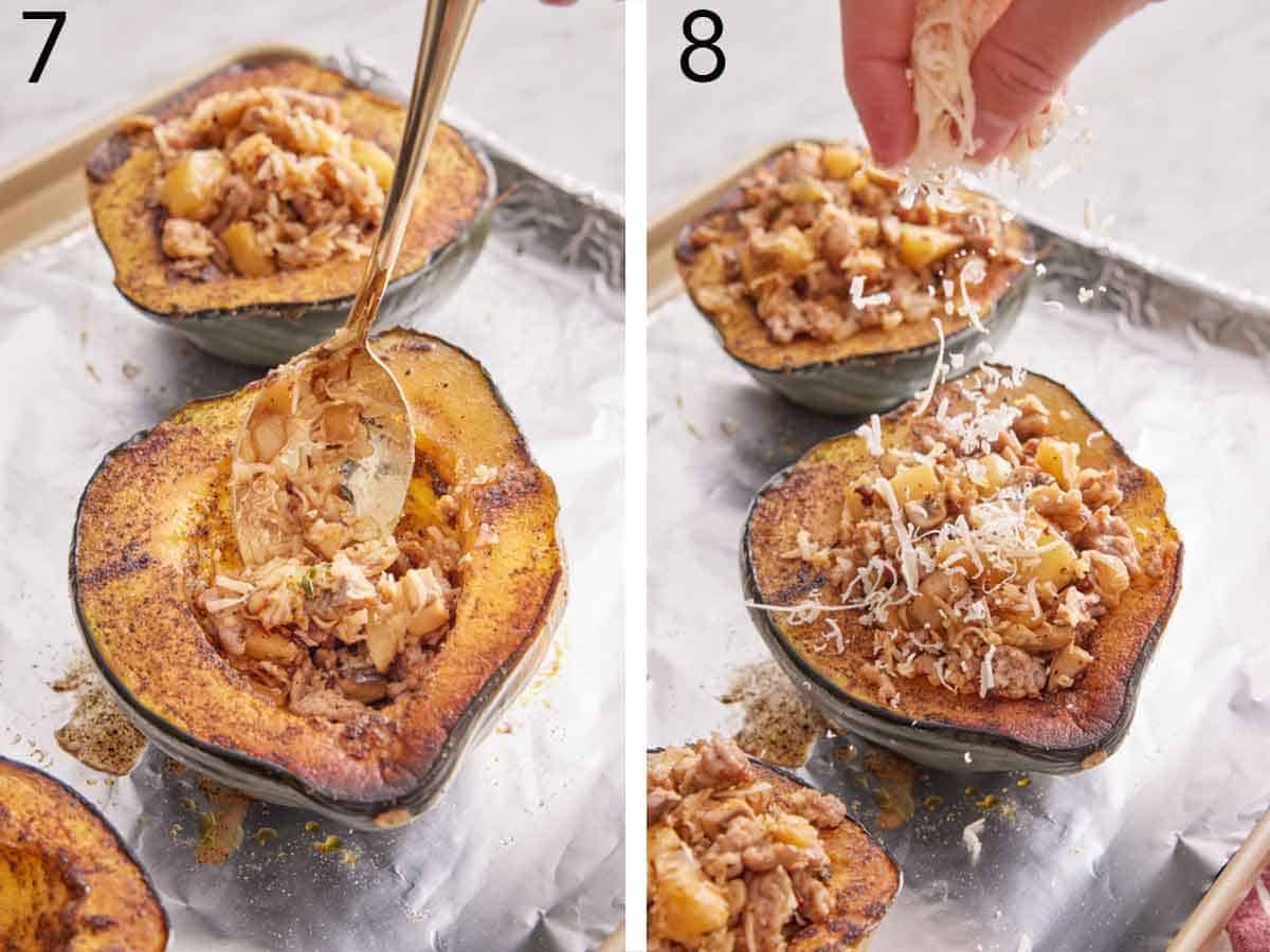 Set of two photos showing filling scooped into where the seeds were scooped out of the squash and cheese sprinkled on top.