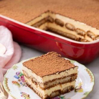 Pinterest graphic of a serving of tiramisu on a plate with the rest in a baking dish in the background.