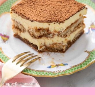 Pinterest graphic of a slice of tiramisu on a plate with a bite taken out and a fork beside it.