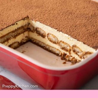 Pinterest graphic of a baking dish of toramisu with a quater removed.