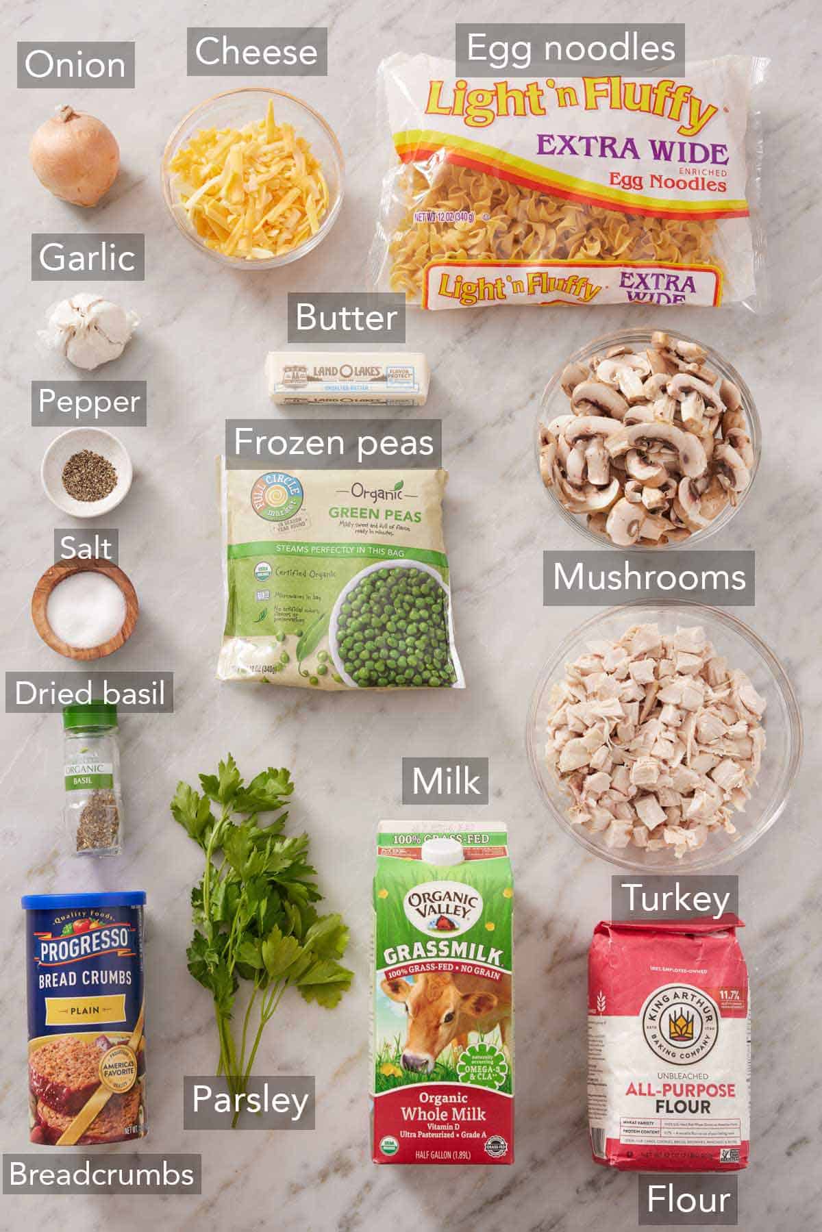 Ingredients needed to make turkey casserole.