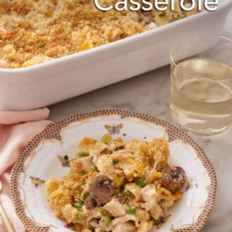 Pinterest graphic of a plate with a serving of turkey casserole with a glass of wine and baking dish behind it.
