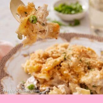 Pinterest graphic of a forkful of turkey casserole lifted from the plate.