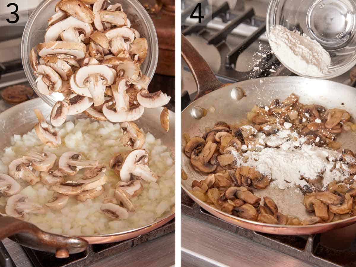 Set of two photos showing mushrooms added to a skillet of onions and then flour poured on top.