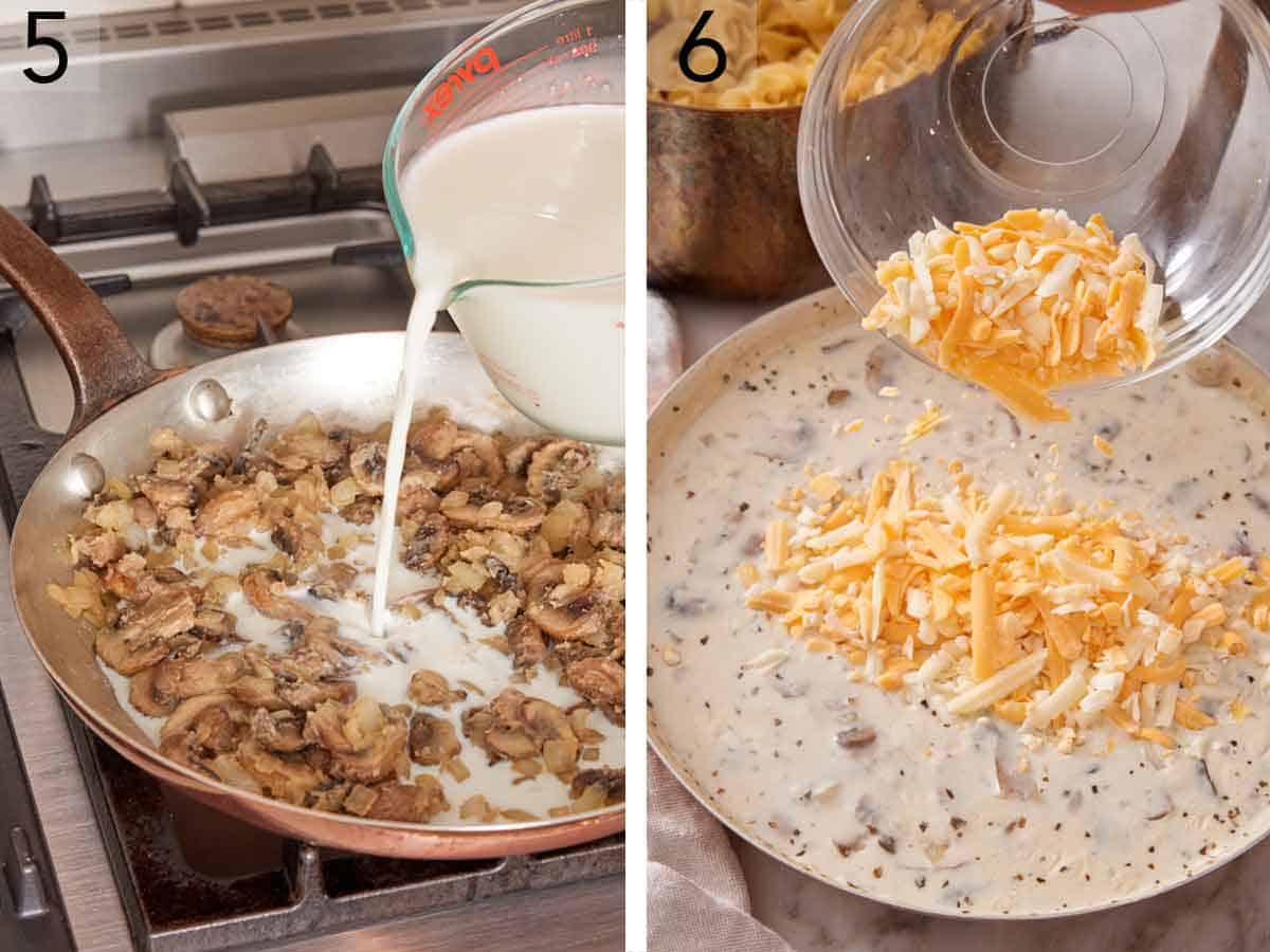 Set of two photos showing milk and cheese added to the skillet of mushrooms and onions.