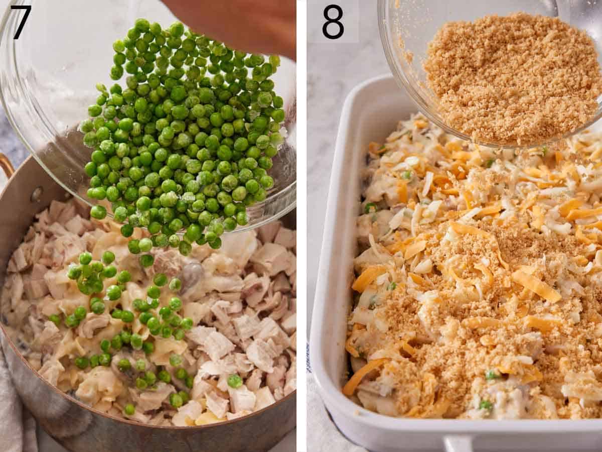 Set of two photos showing turkey and peas added to the pot then transferred to a baking dish with breadcrumbs poured on top.