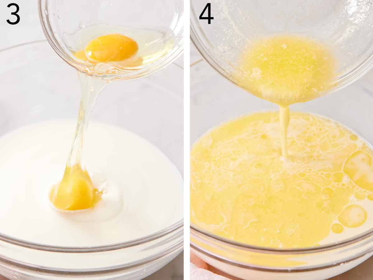 Set of two photos showing eggs and melted butter added to the mixture in the bowl.