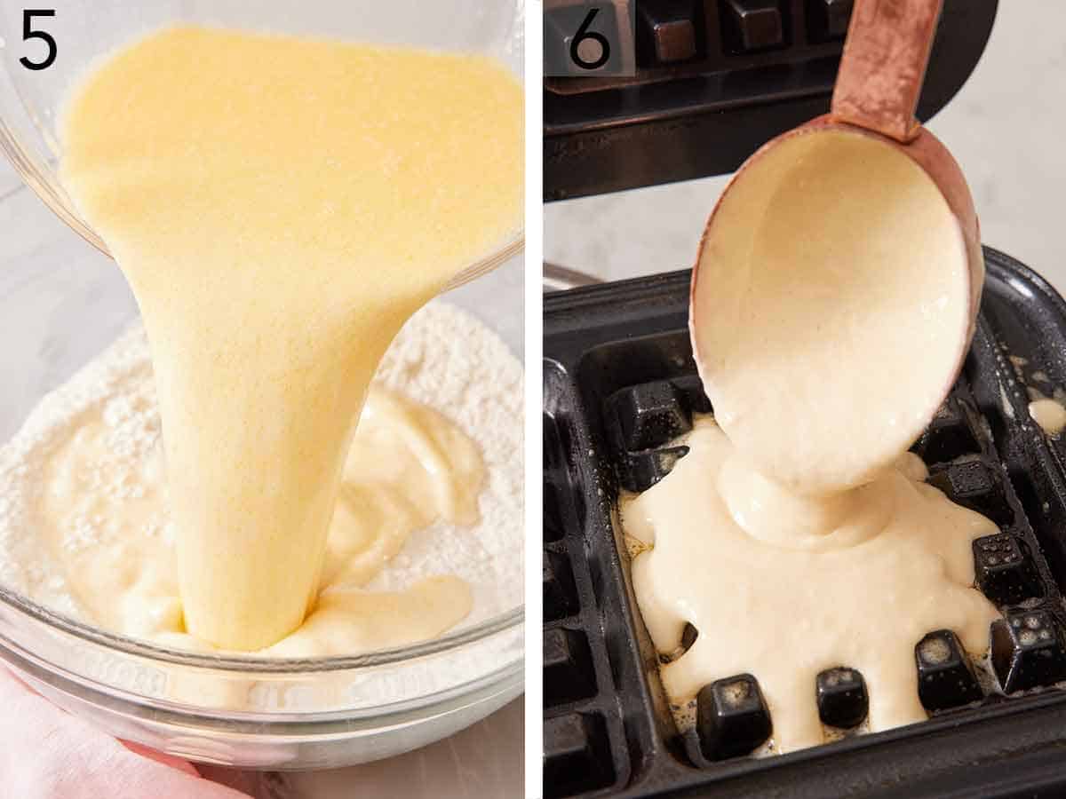 Set of two photos showing wet ingredients added to the bowl of dry ingredients then poured into a waffle iron.
