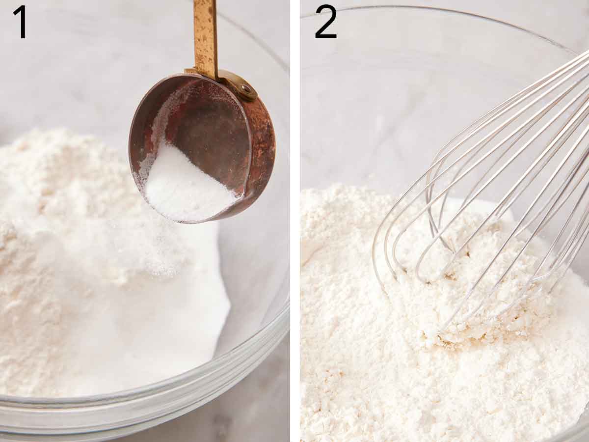 Set of two photos showing dry ingredients added to a bowl and whisked.