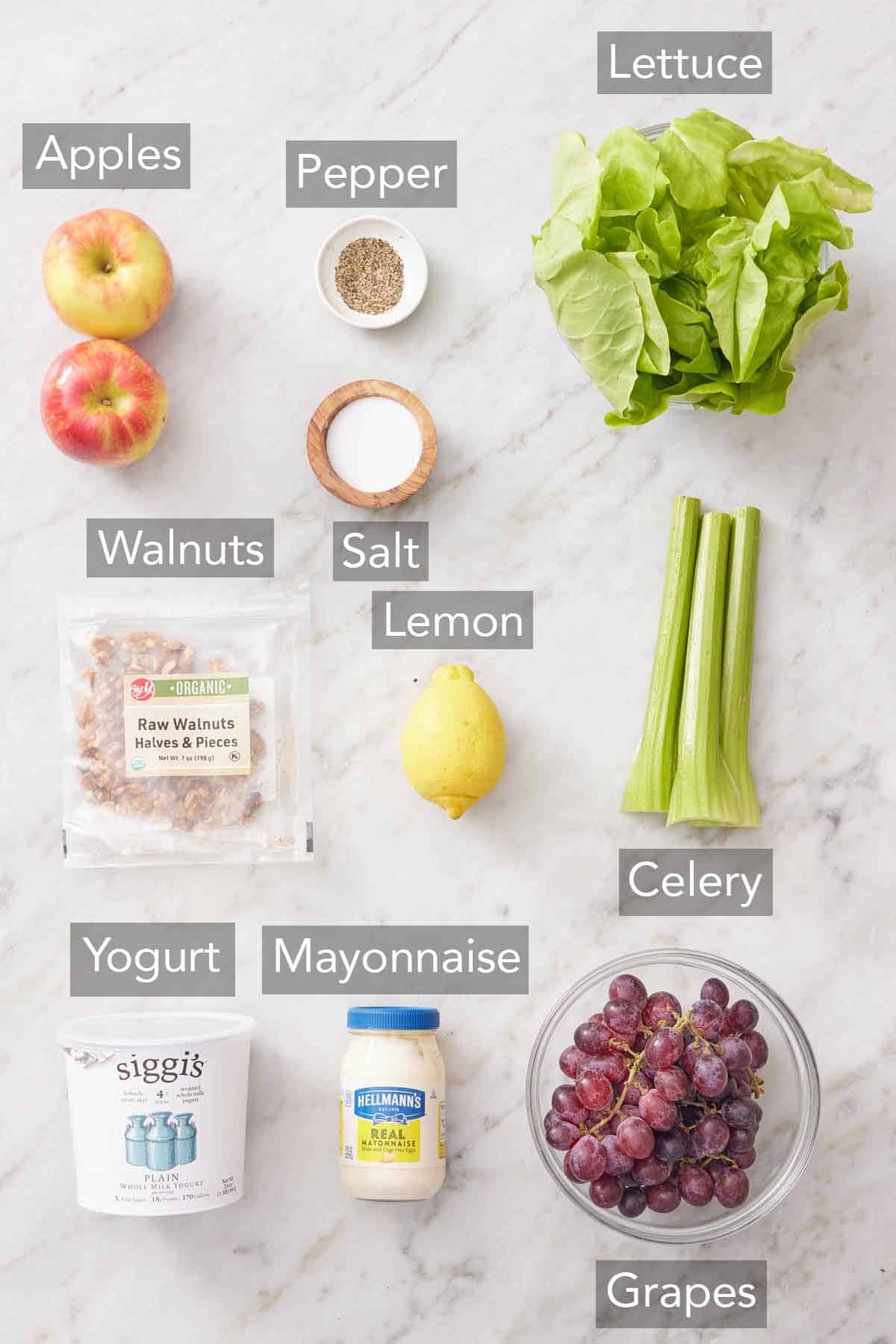 Ingredients needed to make Waldorf salad.