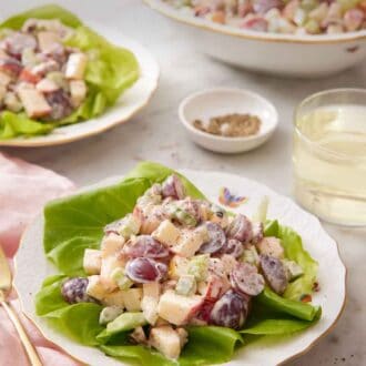 Pinterest graphic of a plate with Waldorf salad on a lettuce leaf with another plated serving and a platter of salad in the background.