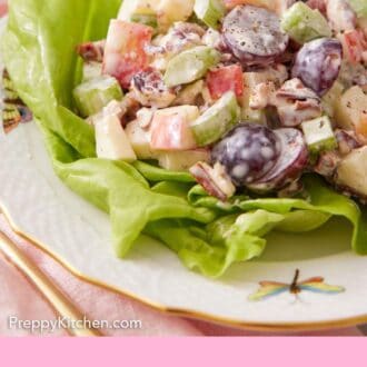 Pinterest graphic of a plate with a serving of Waldorf salad over lettuce.