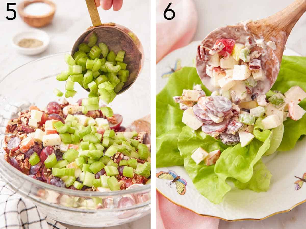 Set of two photos showing chopped celery added to the bowl and the mixture spooned over lettuce.