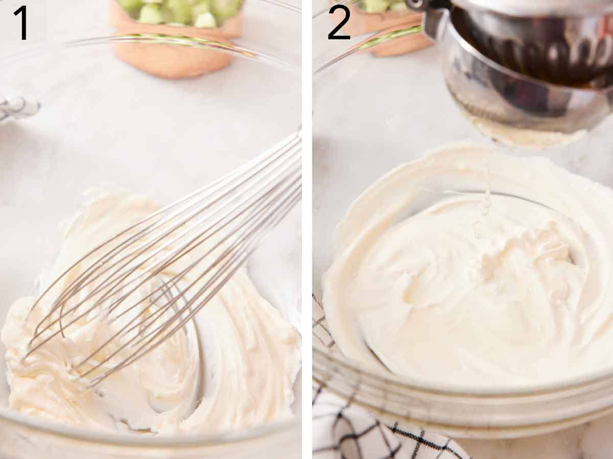 Set of two photos showing mayonnaise and yogurt whisked together and lemon juice squeezed on top.