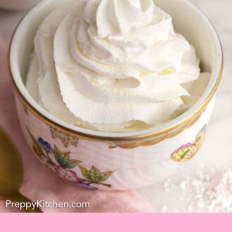 Pinterest graphic of a small bowl of whipped cream.