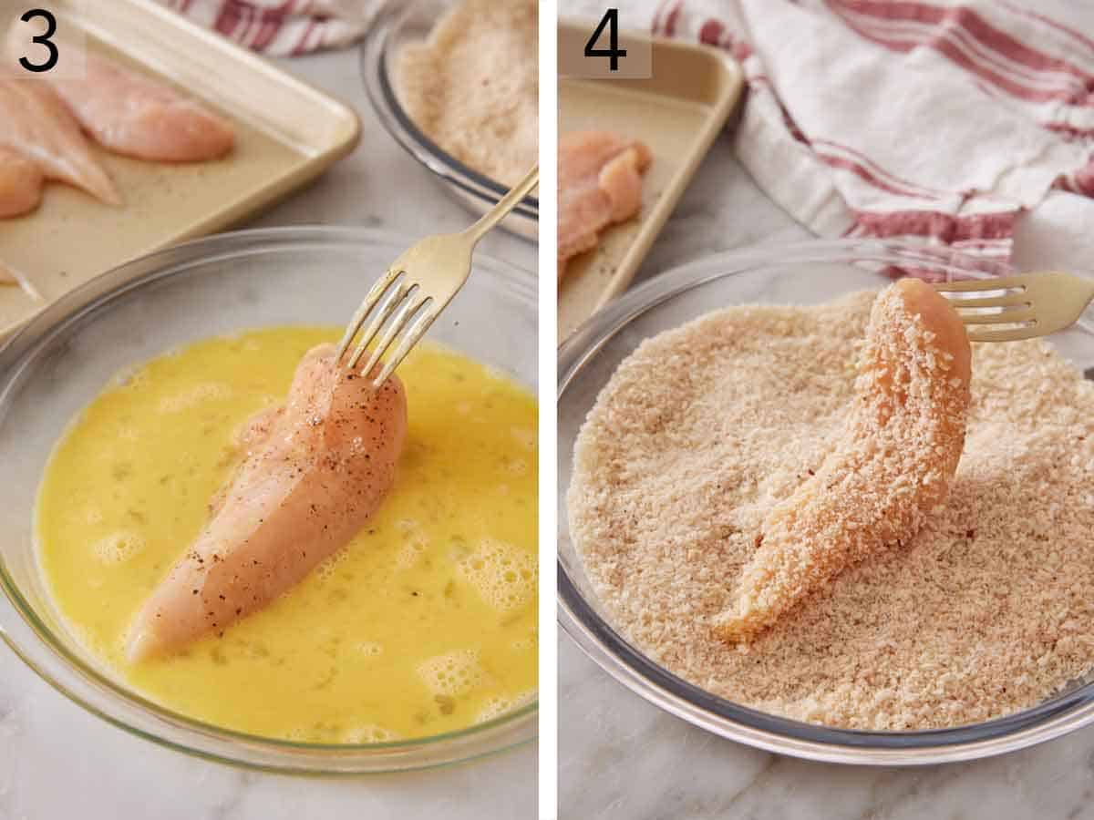 Set of two photos showing chicken dipped in an egg wash and panko breadcrumbs.