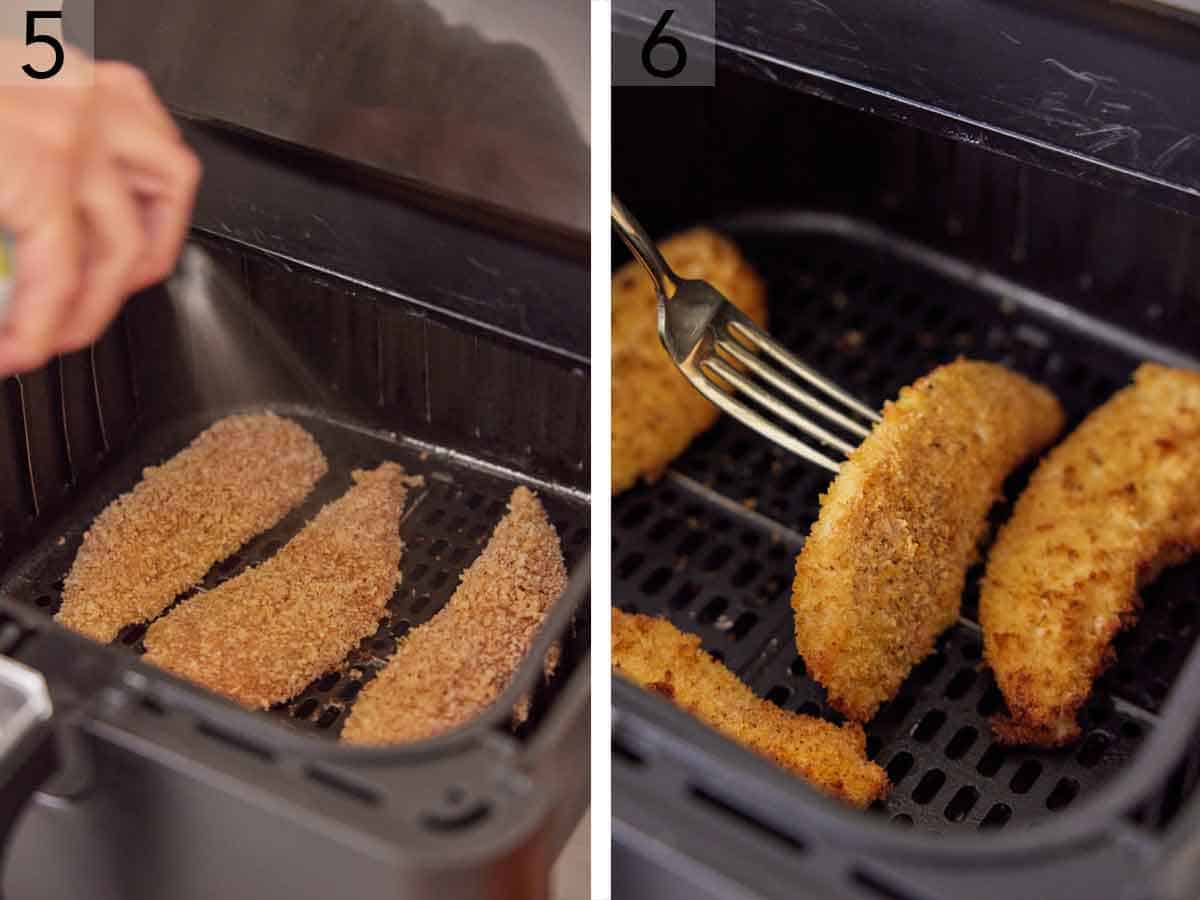 Set of two photos showing oil sprayed into the air fryer basket with the meat and then flipped.