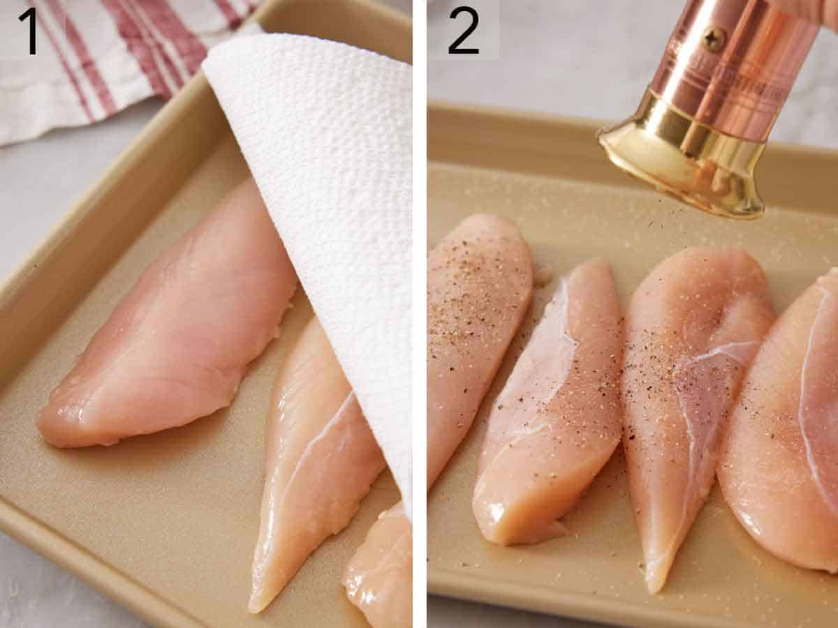 Set of two photos showing chicken patted dry and seasoned with pepper.