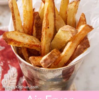 Pinterest graphic of a serving of air fryer french fries in a french fry cup.