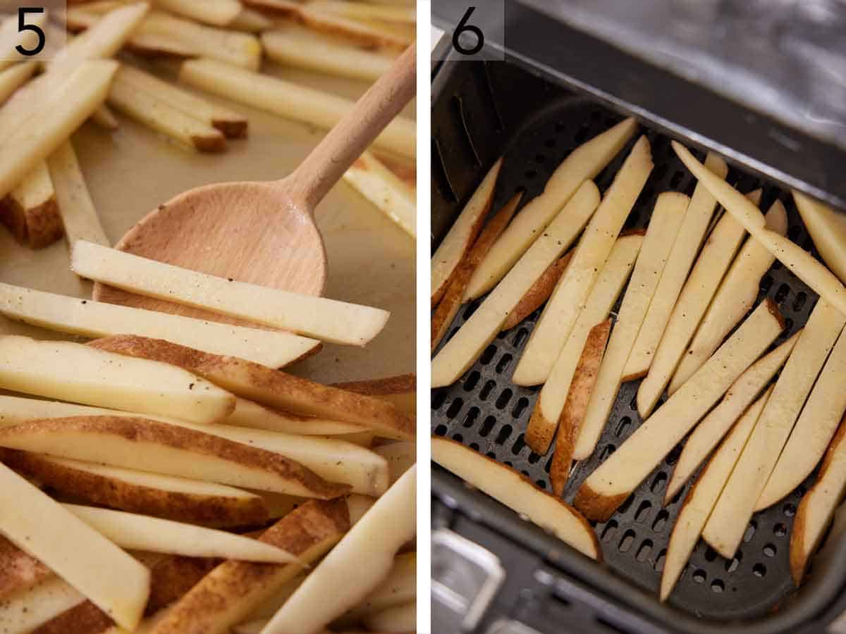 Set of two photos showing potato pieces seasoned then added to an air fryer basket.