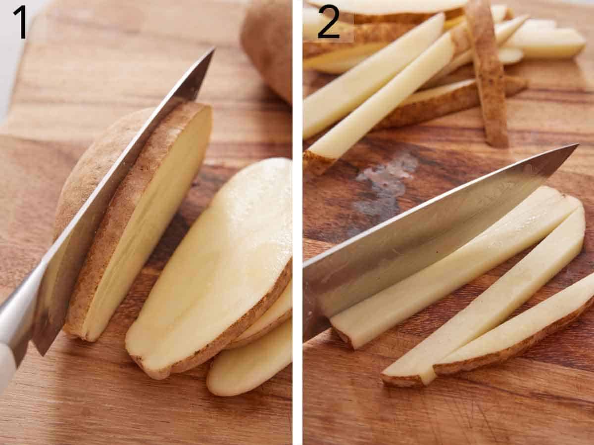 Set of two photos showing a potato sliced into long pieces.