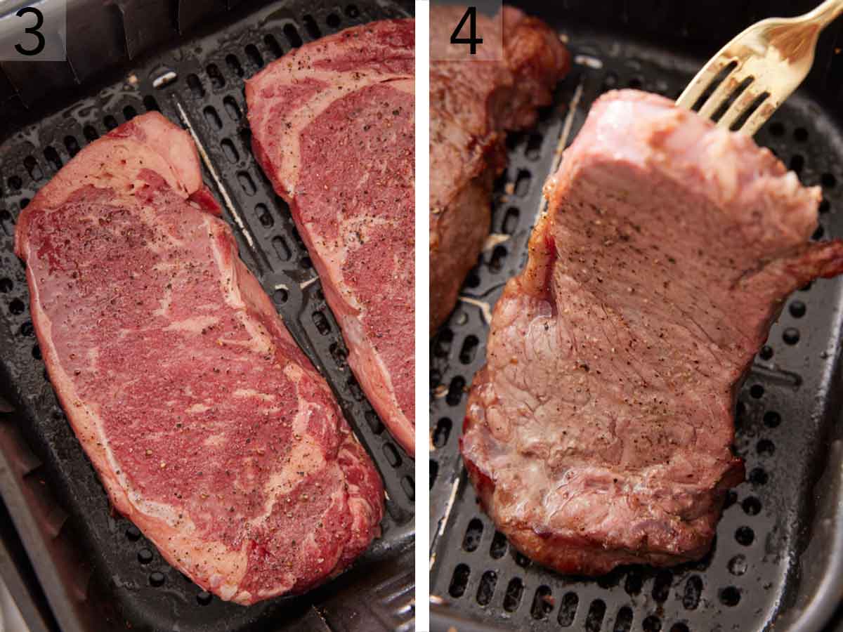 Set of two photos showing steaks added to an air fryer basket then flipped.