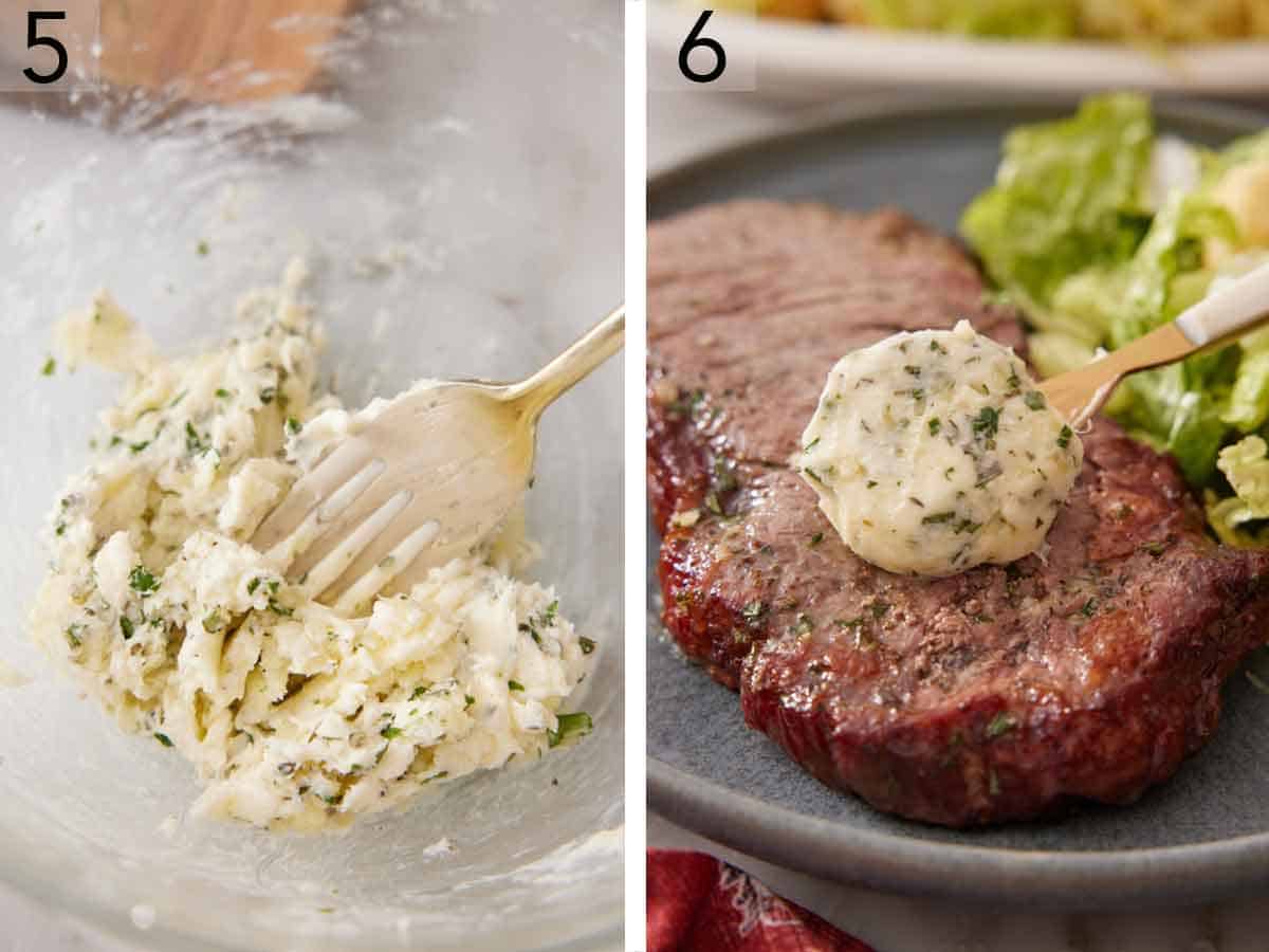 Set of two photos showing herb butter mixed together and then added to the top of the meat.