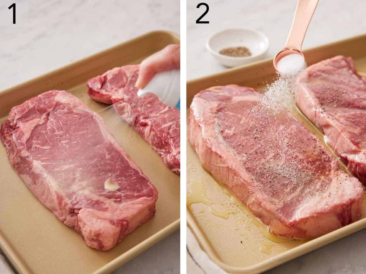 Set of two photos showing oil sprayed onto the meat and seasoned with salt and pepper.