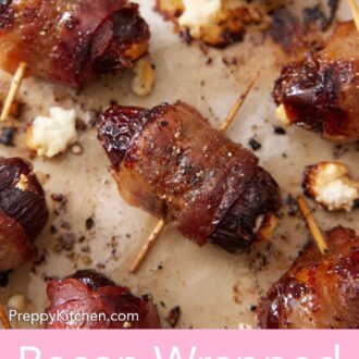 Pinterest graphic of an overhead view of bacon wrapped dates on a lined sheet pan.