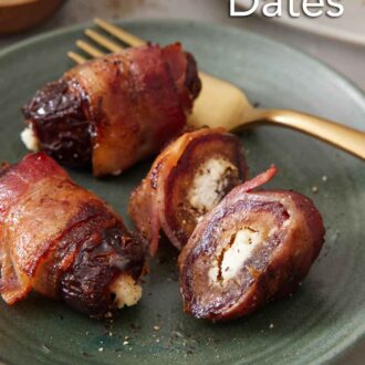 Pinterest graphic of a plate of bacon wrapped dates with one cut in half.