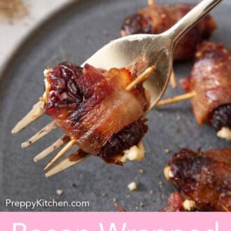 Pinterest graphic of a fork holding up a bacon wrapped date.