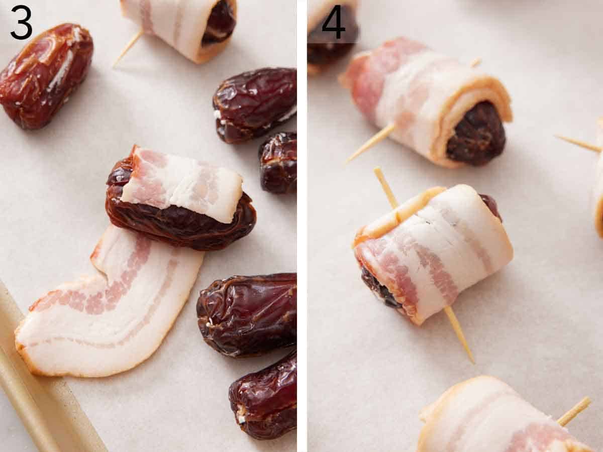 Set of two photos showing stuffed dates wrapped in bacon.