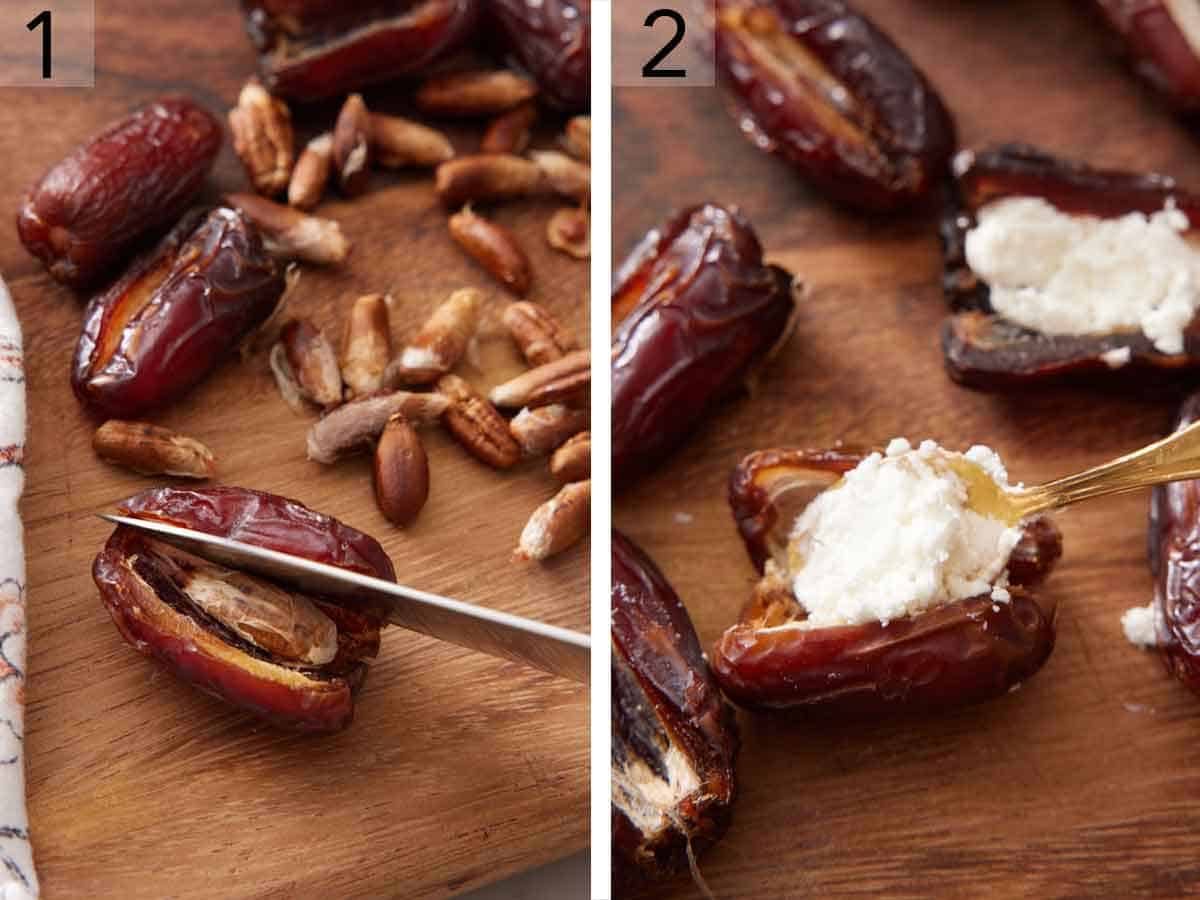 Set of two photos showing a date cut in half, seed removed, and goat cheese added.
