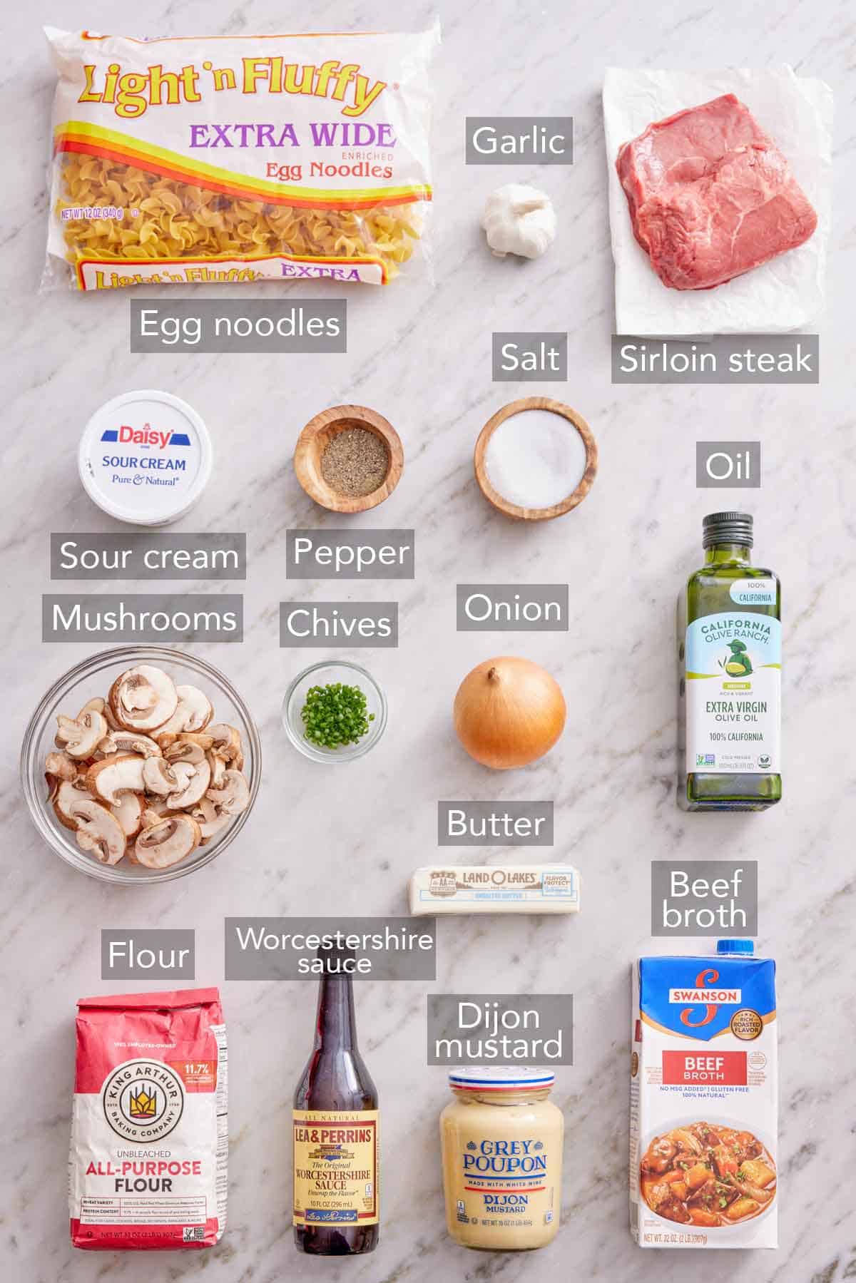 Ingredients needed to make beef stroganoff.
