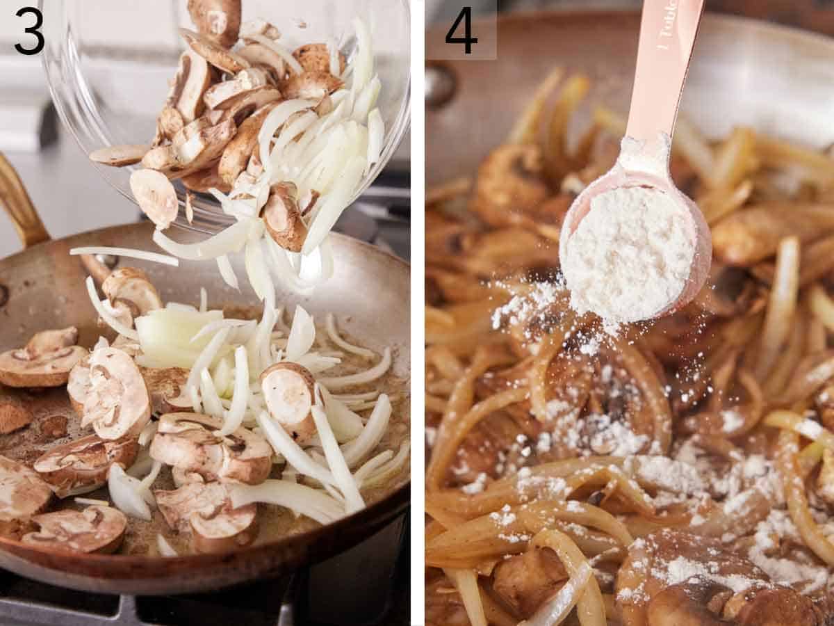 Set of two photos showing onions and mushrooms added to a skillet then flour added.