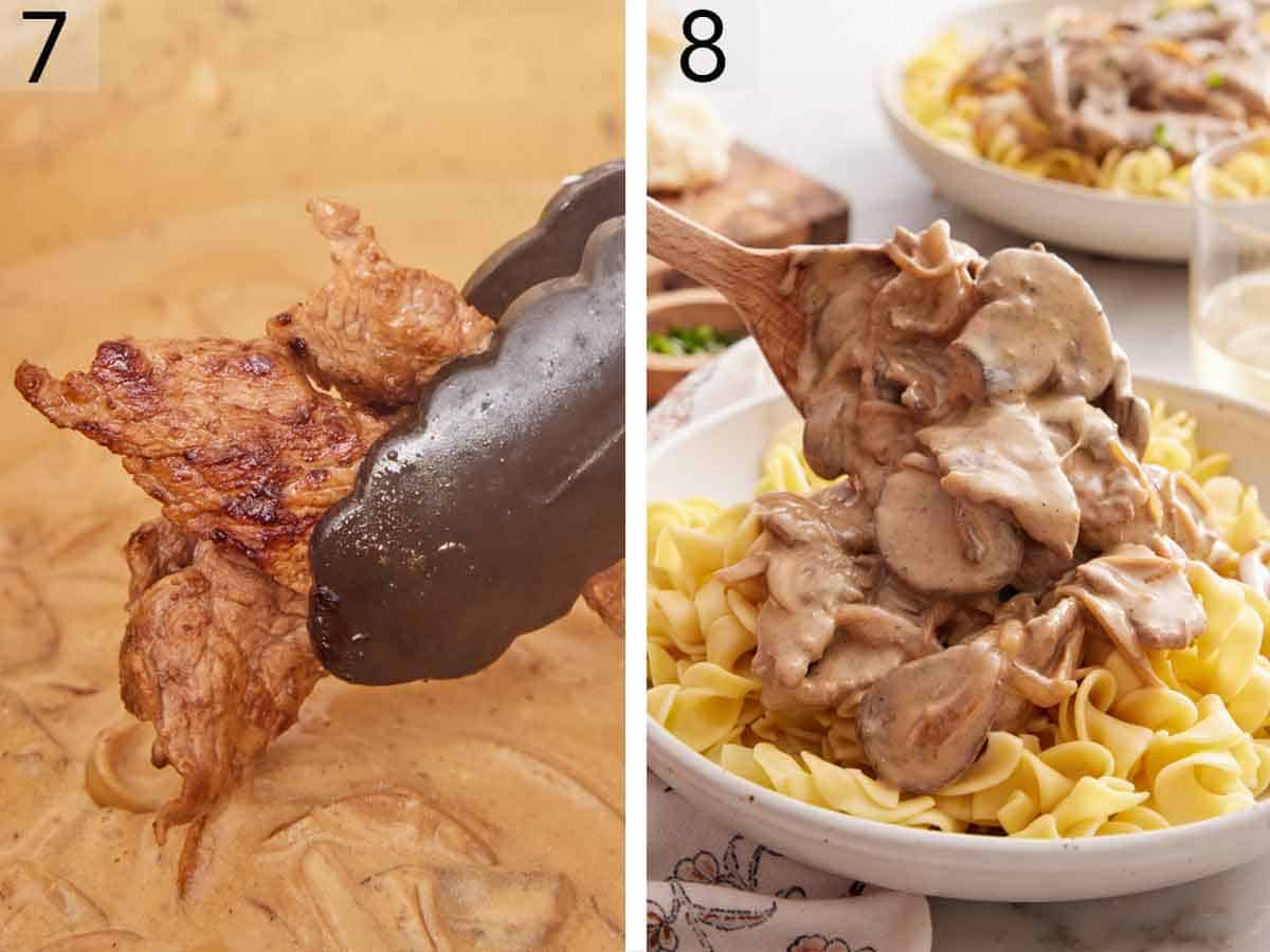Set of two photos showing beef added to the skillet of sauce and mushrooms then beef stroganoff spooned over egg noodles.