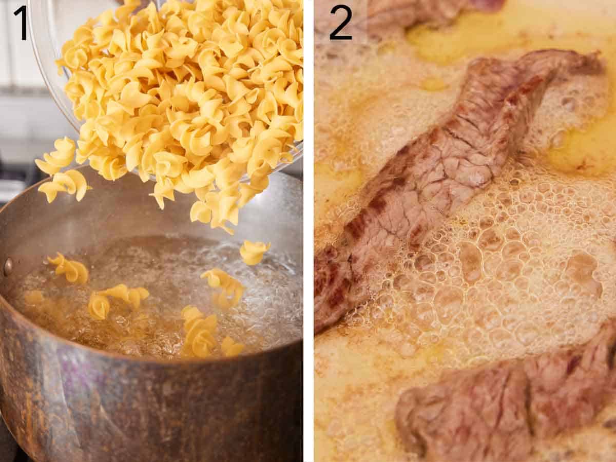 Set of two photos showing egg noodles added to a pot of water and steak cooked.