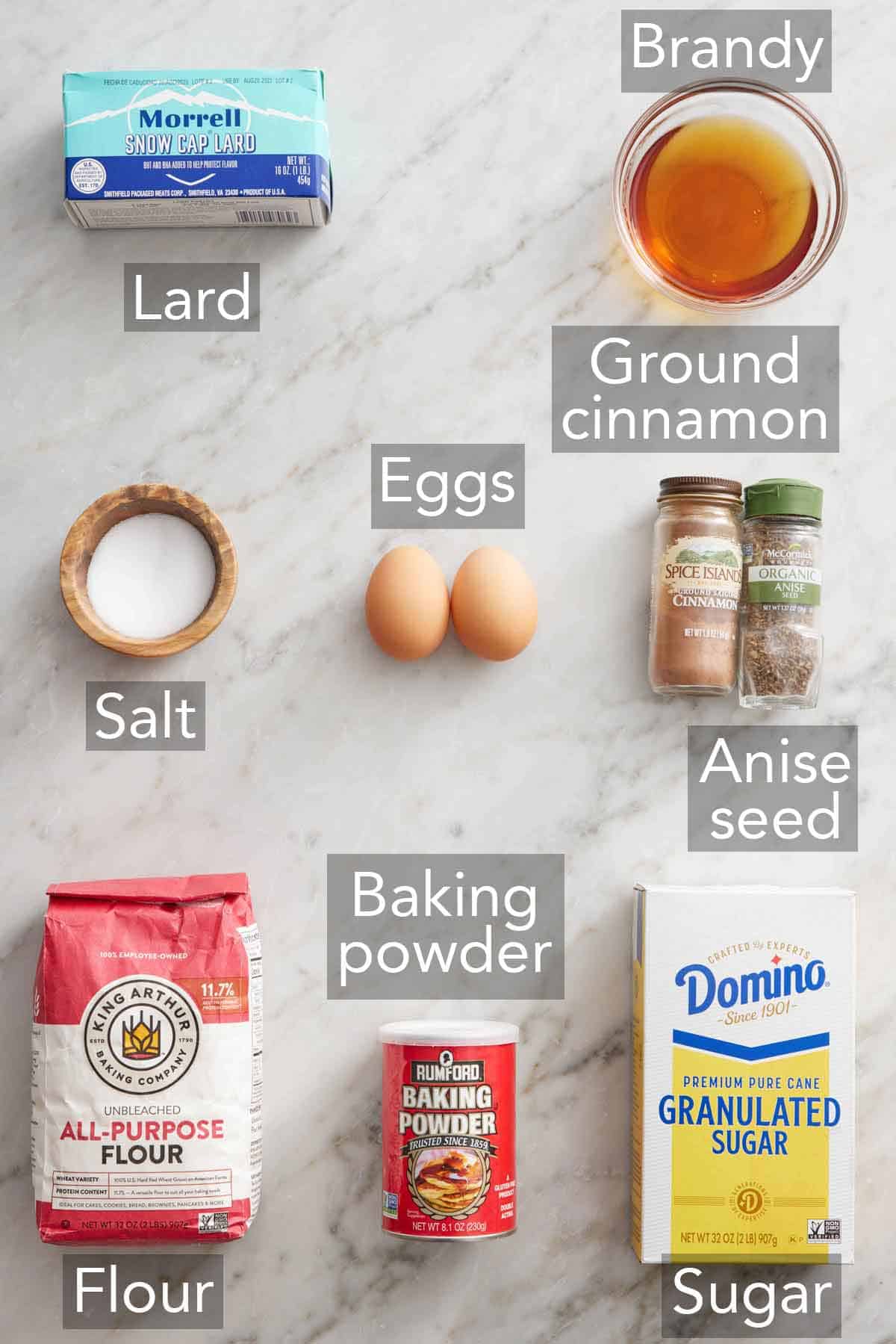 Ingredients needed to make biscochitos.