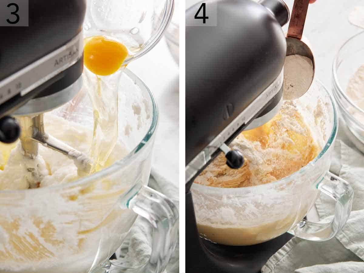 Set of two photos showing egg and dry ingredients added to a mixer.