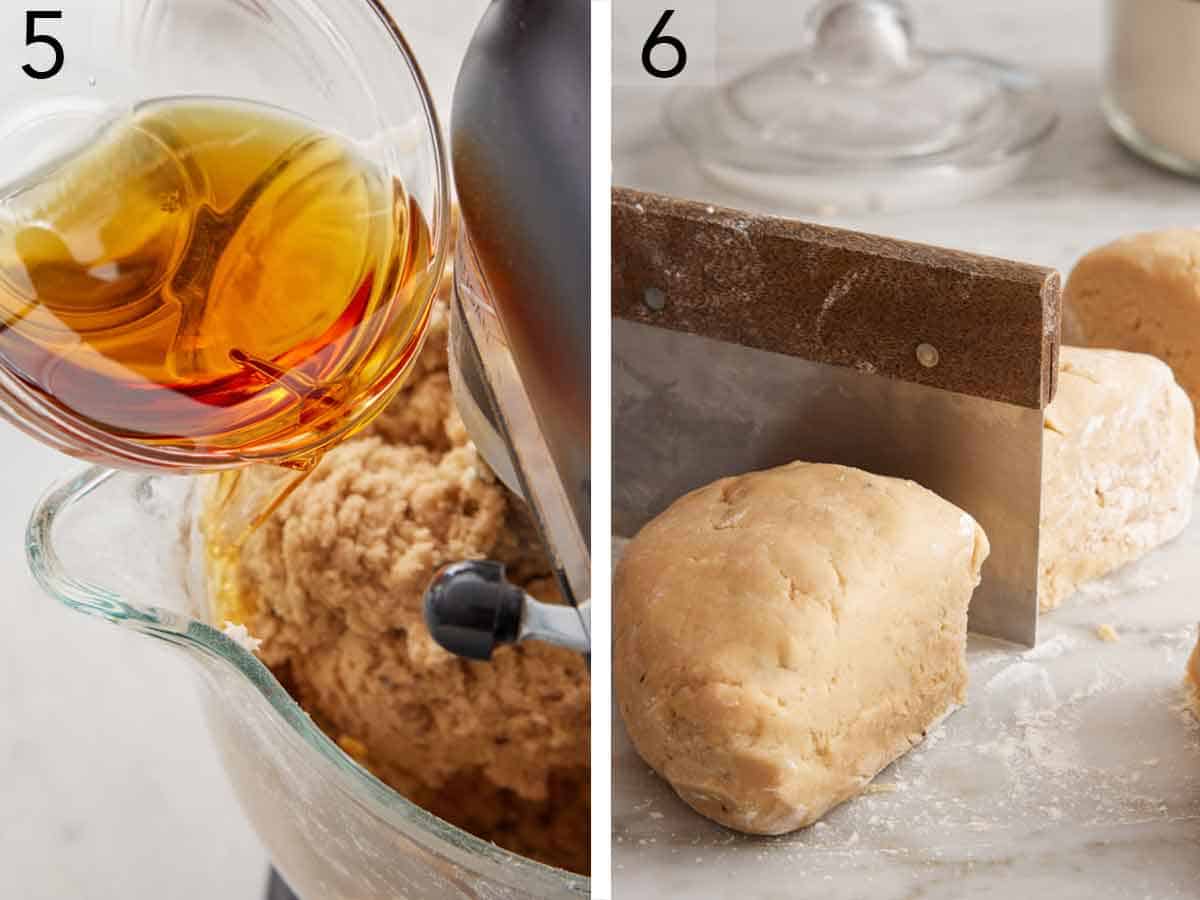 Set of two photos showing brandy added to a mixer and then dough cut.