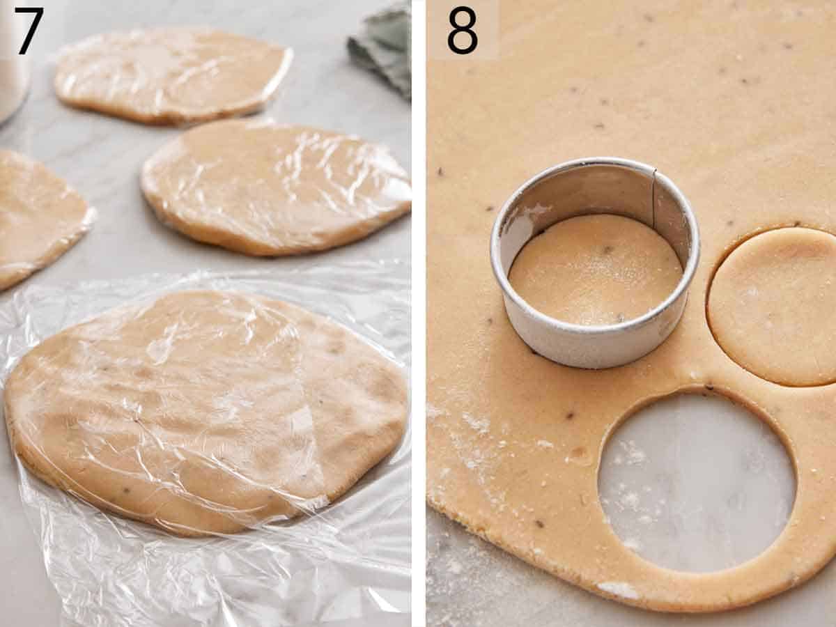 Set of two photos showing dough rolled and covered then cut with a cookie cooker.