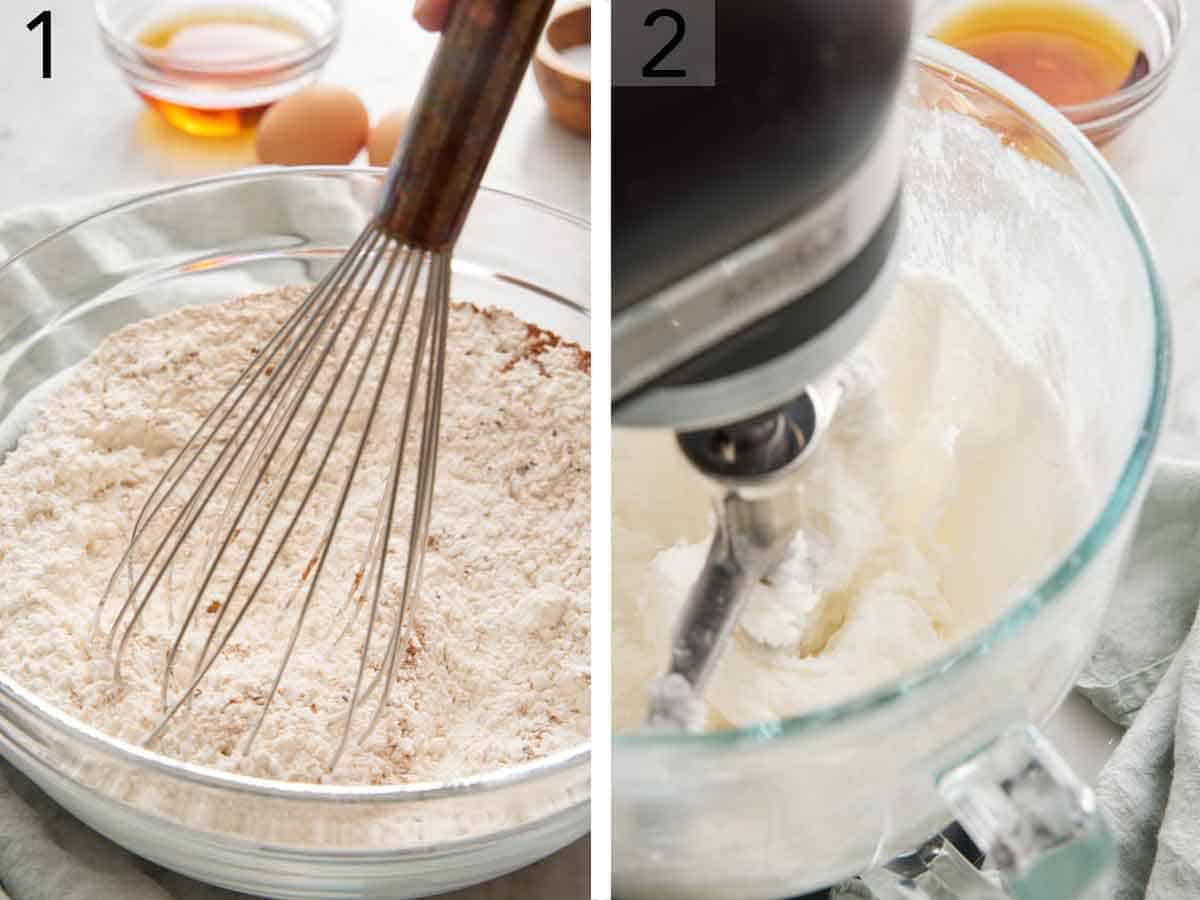 Set of two photos showing dry ingredients whisked and lard beaten.
