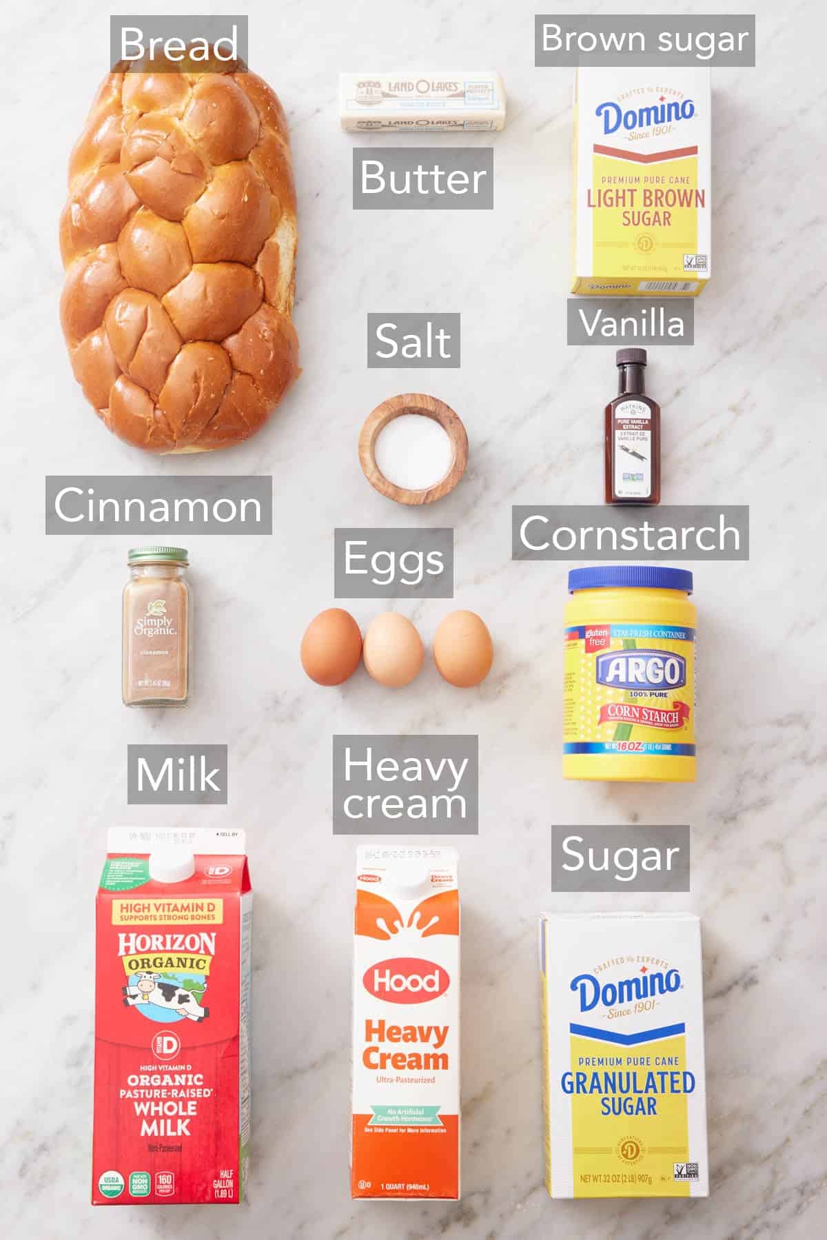 Ingredients needed to make bread pudding.
