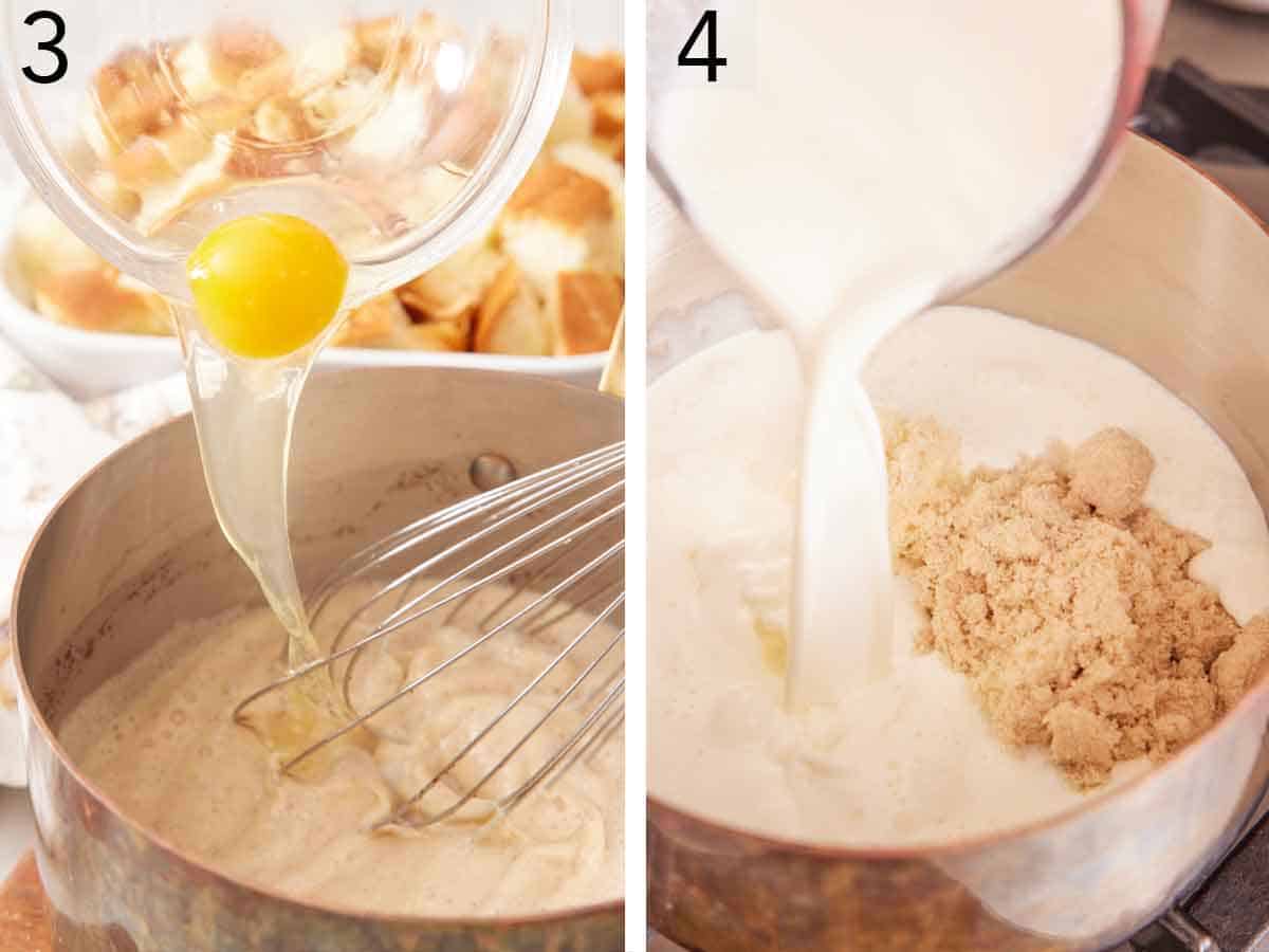 Set of two photos showing egg whisked into the sauce pan and milk and sugar added to the pan.
